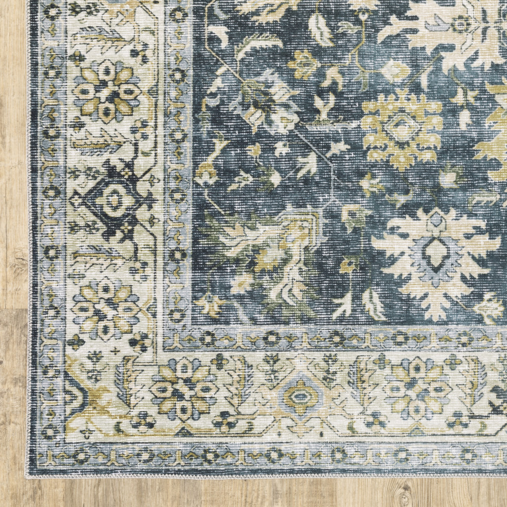 5 X 7 Blue gold green And Ivory Oriental Printed Stain Resistant Non Skid Area Rug