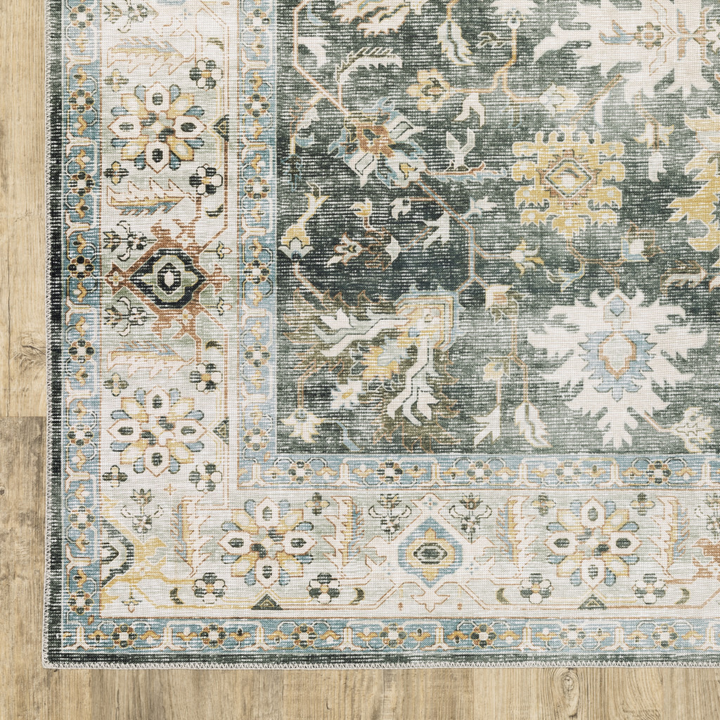 2 X 3 grey charcoal gold Brown Ivory Pale Sage And Light Blue Oriental Printed Stain Resistant Non Skid Area Rug