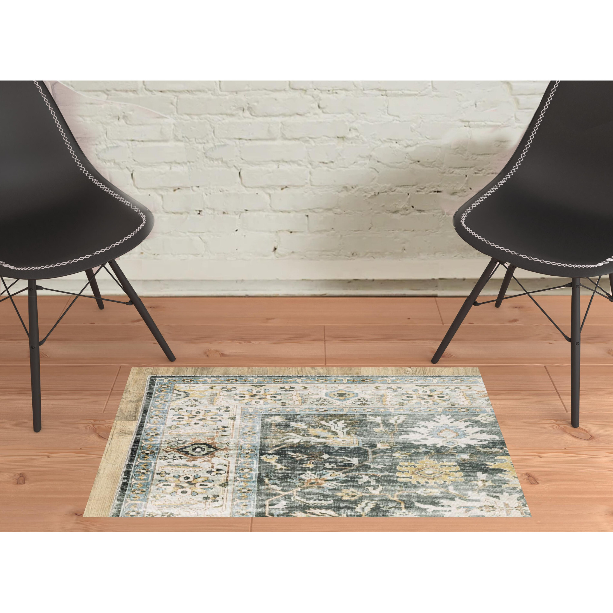 2 X 3 grey charcoal gold Brown Ivory Pale Sage And Light Blue Oriental Printed Stain Resistant Non Skid Area Rug