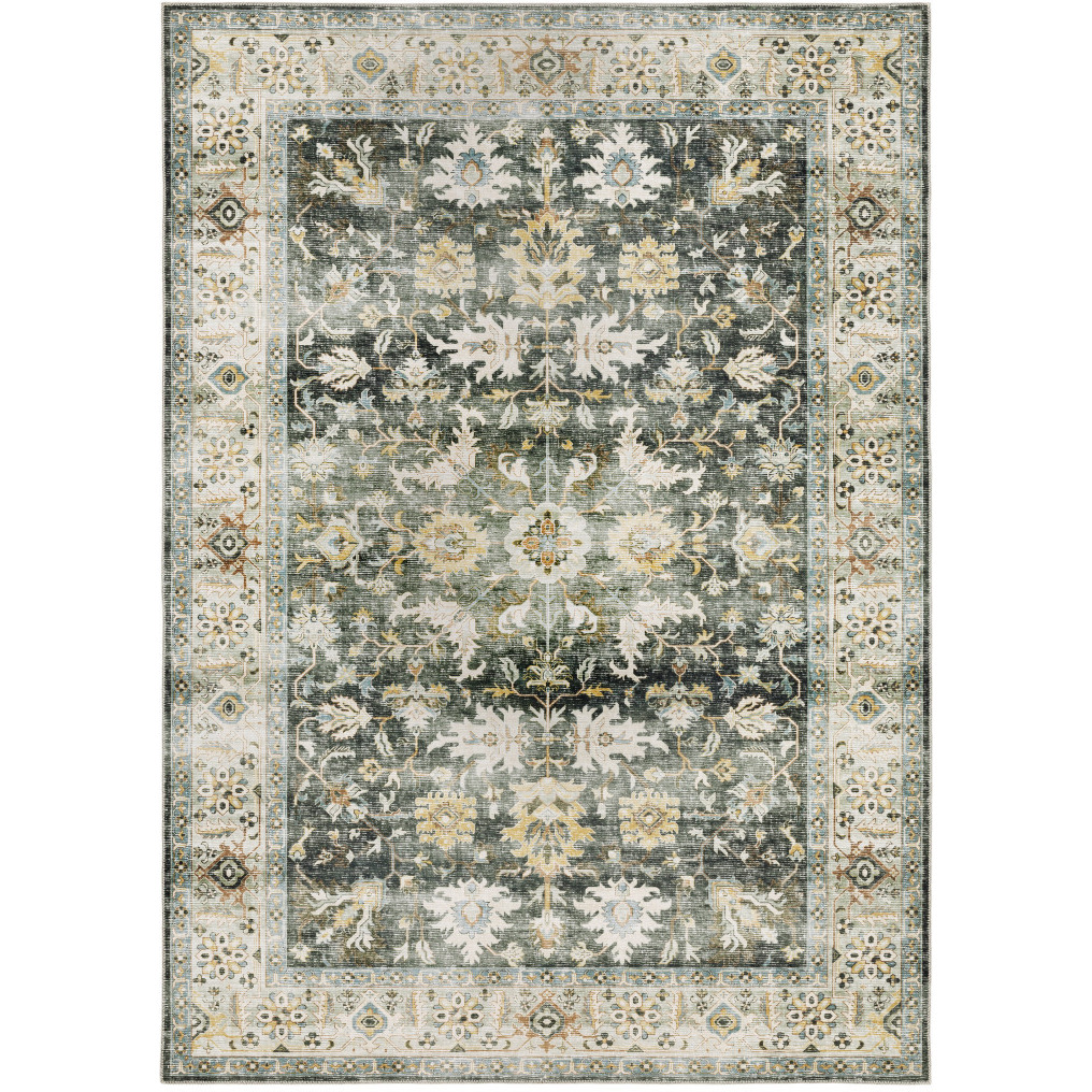 5 X 7 grey charcoal gold Brown Ivory Pale Sage And Light Blue Oriental Printed Stain Resistant Non Skid Area Rug