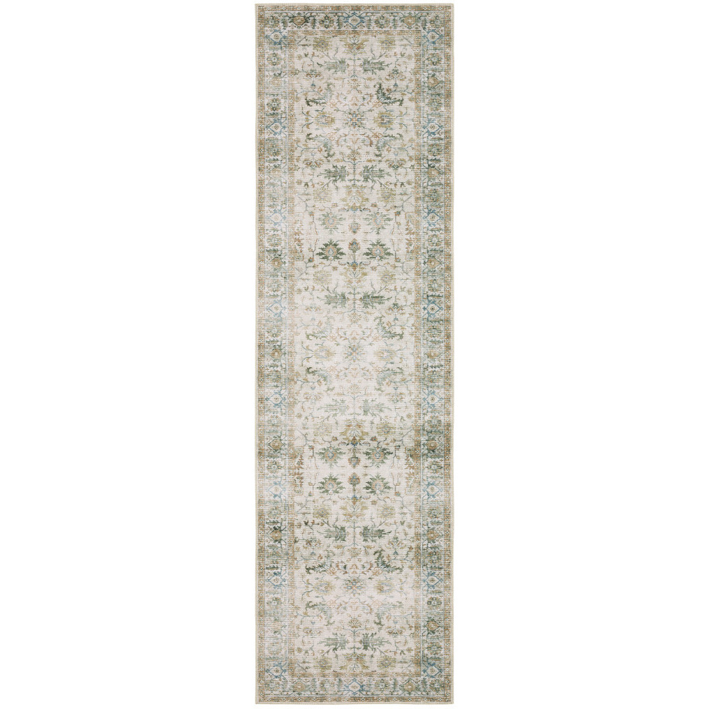 2 X 8 grey Orange Blue gold green And Rust Oriental Printed Stain Resistant Non Skid Runner Rug