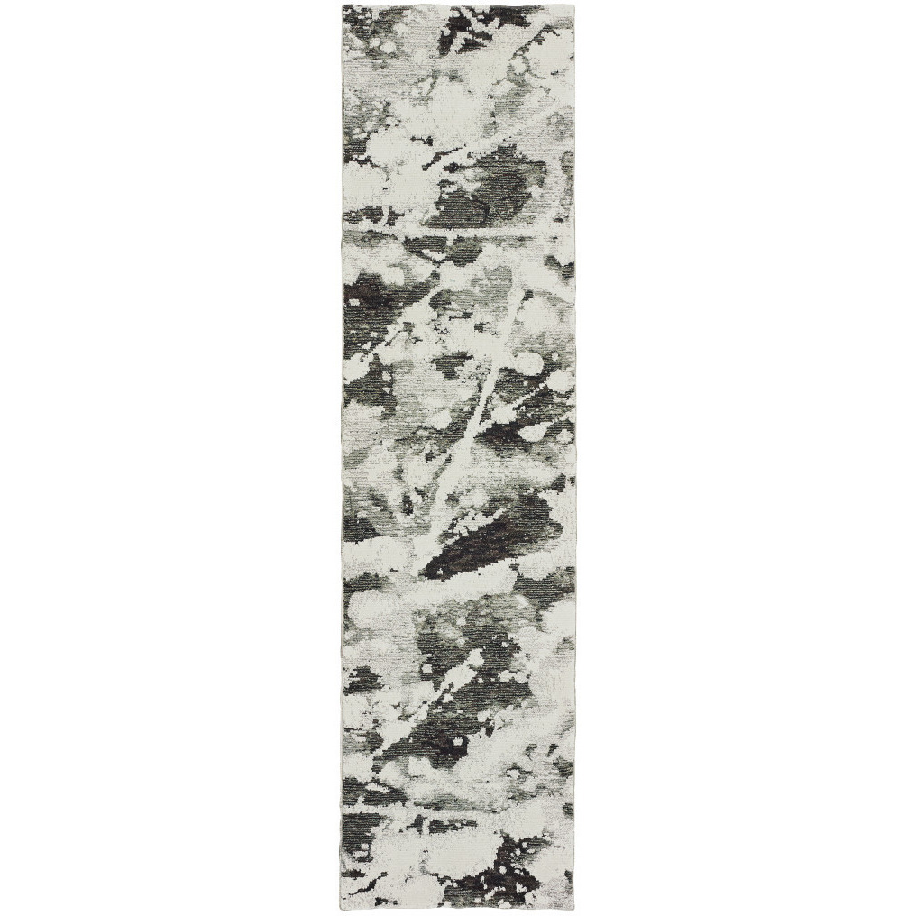 2 X 8 charcoal And White Abstract Power Loom Stain Resistant Runner Rug