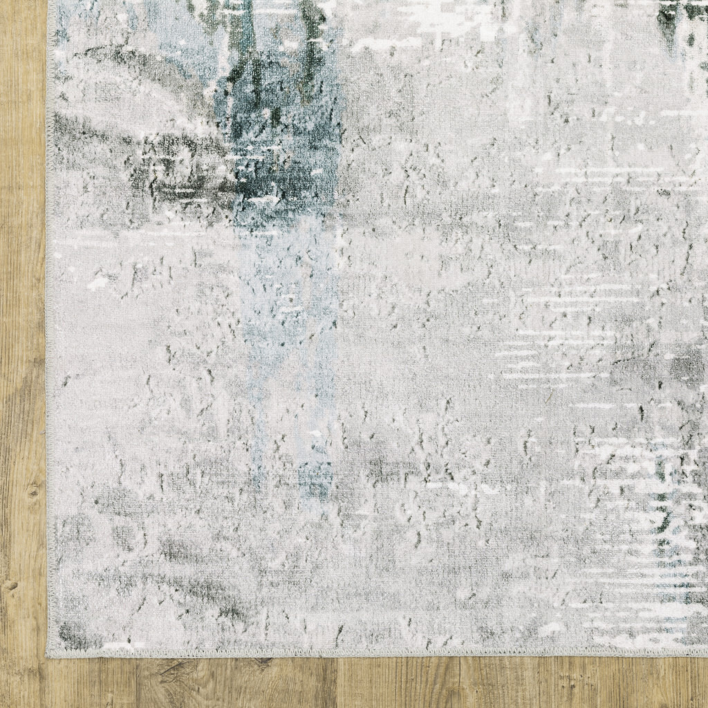 4 X 6 Silver grey Teal Blue And charcoal Abstract Printed Stain Resistant Non Skid Area Rug