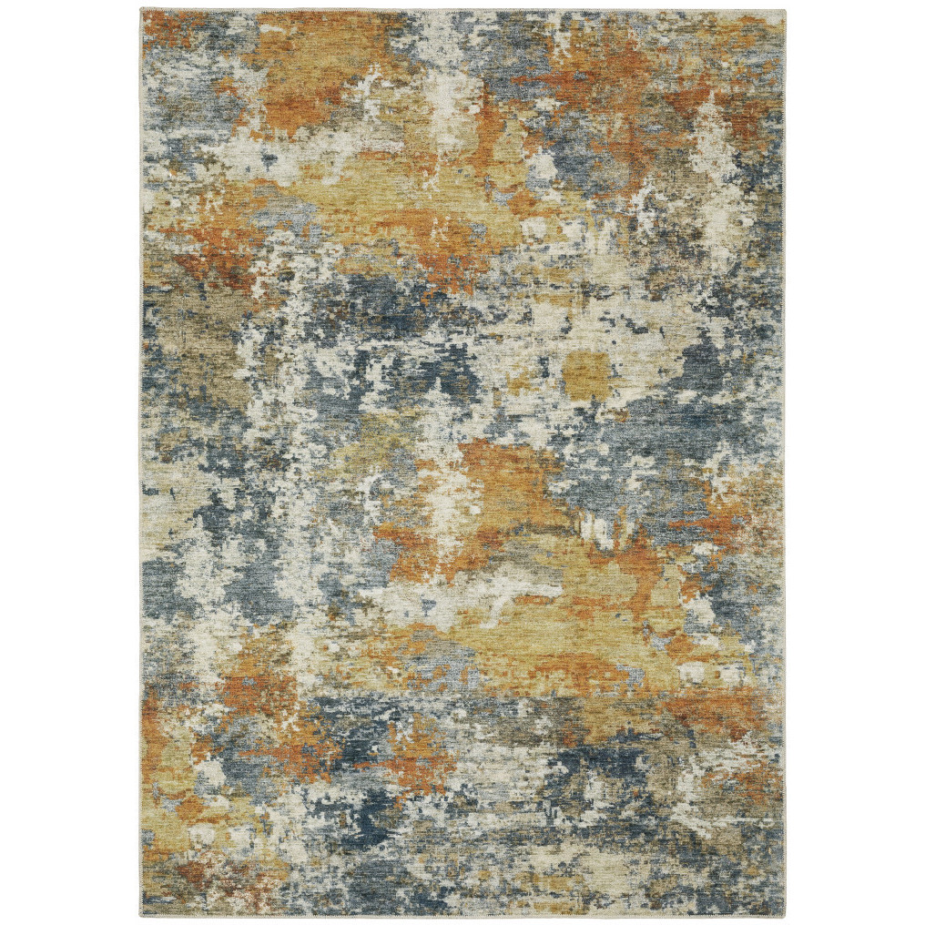 2 X 3 Teal Blue Orange gold grey Tan Brown And Beige Abstract Printed Stain Resistant Non Skid Area Rug