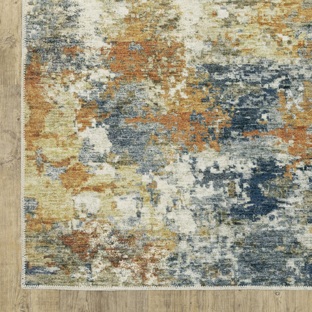 2 X 3 Teal Blue Orange gold grey Tan Brown And Beige Abstract Printed Stain Resistant Non Skid Area Rug