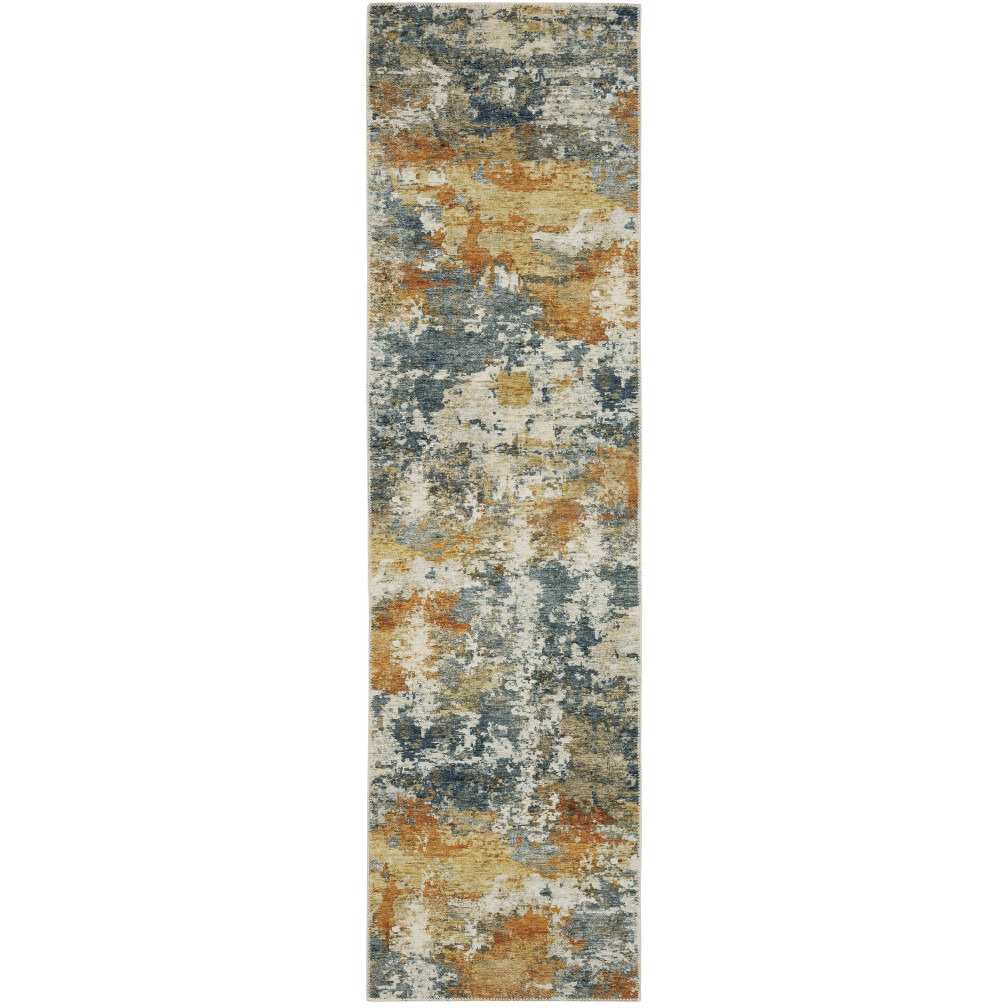 2 X 8 Teal Blue Orange gold grey Tan Brown And Beige Abstract Printed Stain Resistant Non Skid Runner Rug