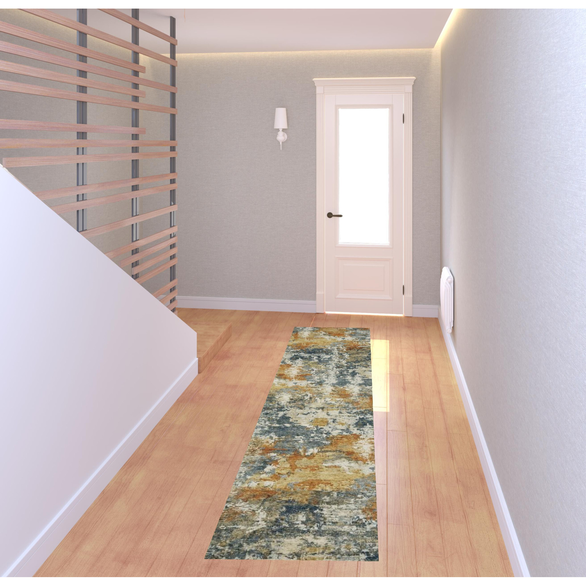 2 X 8 Teal Blue Orange gold grey Tan Brown And Beige Abstract Printed Stain Resistant Non Skid Runner Rug