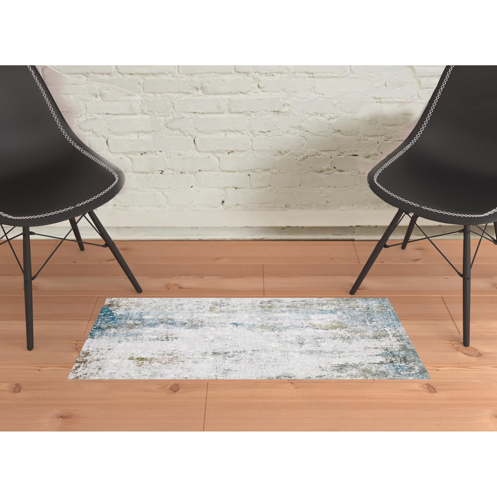 2 X 3 Ivory And Blue Abstract Printed Stain Resistant Non Skid Area Rug