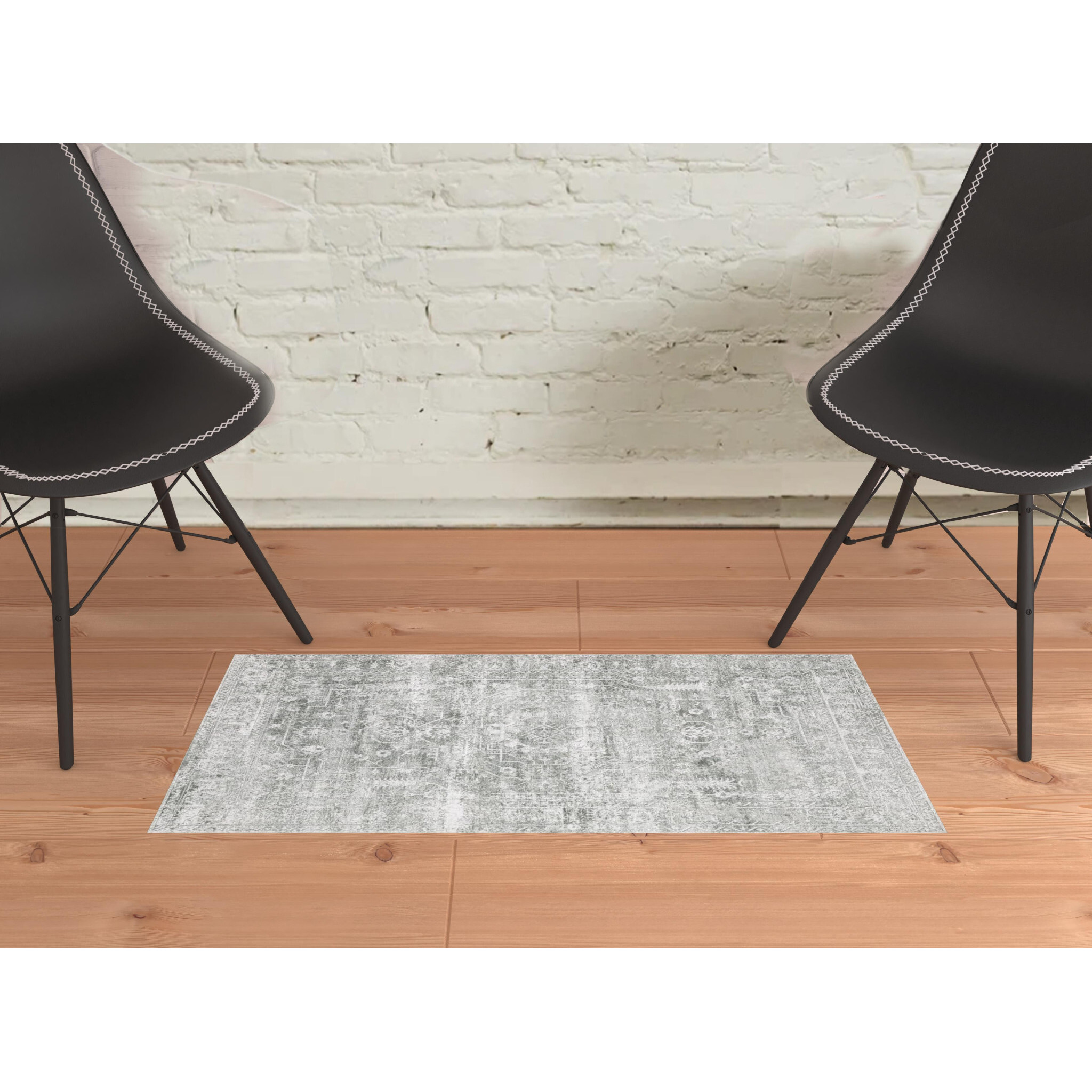 2 X 3 Sage green grey Ivory And Silver Oriental Printed Stain Resistant Non Skid Area Rug