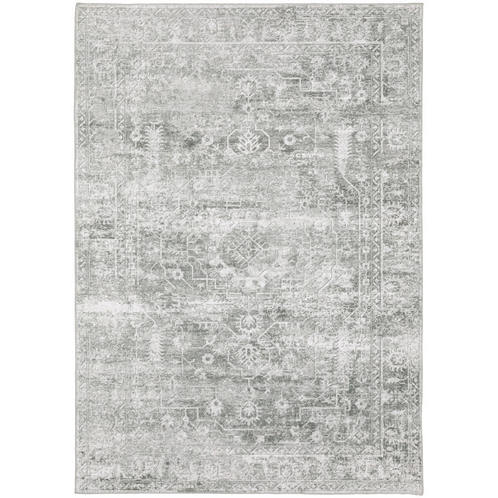 5 X 7 Sage green grey Ivory And Silver Oriental Printed Stain Resistant Non Skid Area Rug