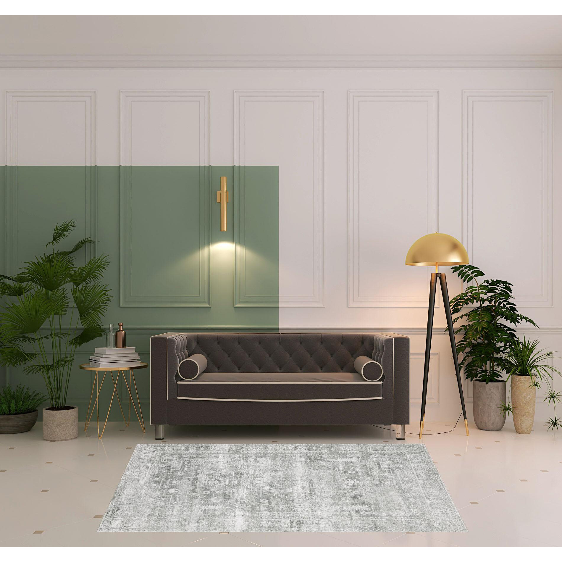 5 X 7 Sage green grey Ivory And Silver Oriental Printed Stain Resistant Non Skid Area Rug
