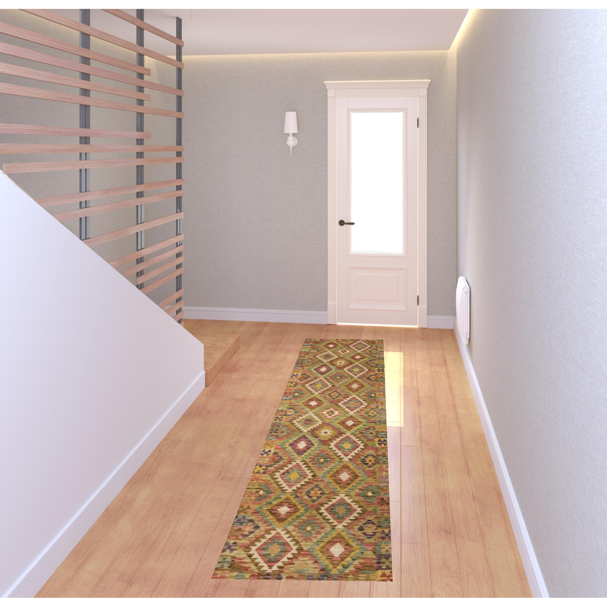 2 X 8 gold Orange Brown Red green Purple And Beige Southwestern Printed Stain Resistant Non Skid Runner Rug