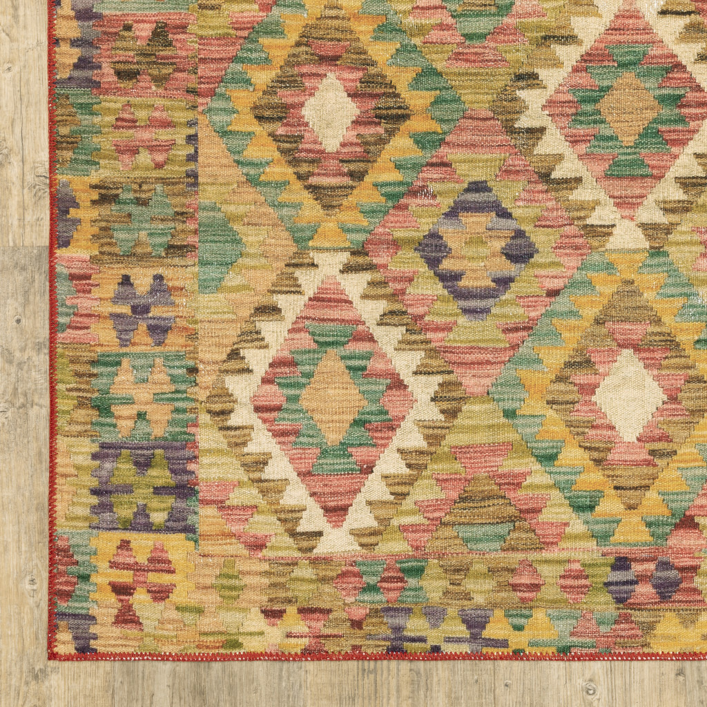 2 X 8 gold Orange Brown Red green Purple And Beige Southwestern Printed Stain Resistant Non Skid Runner Rug