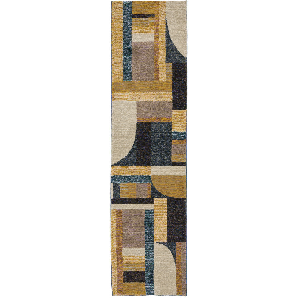 2 X 8 gold Blue Beige Purple And Teal geometric Power Loom Stain Resistant Runner Rug