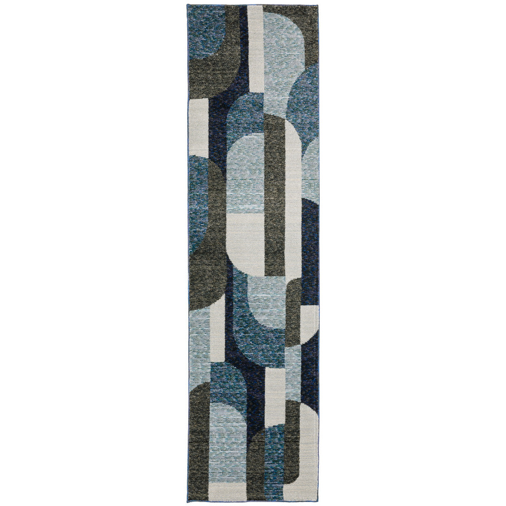 2 X 8 Blue grey charcoal And Purple geometric Power Loom Stain Resistant Runner Rug