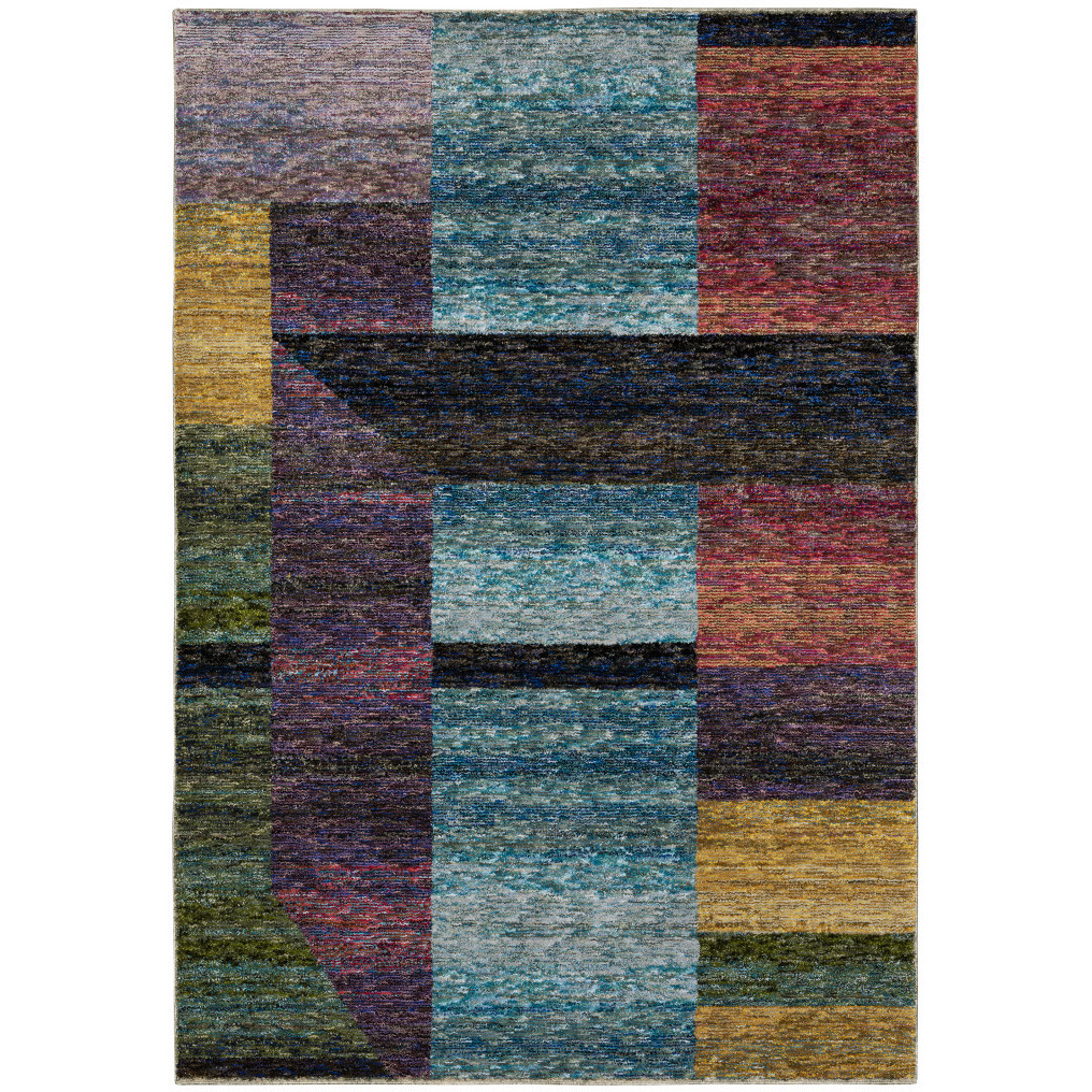 3 X 5 Purple Blue Teal gold green Red And Pink geometric Power Loom Stain Resistant Area Rug