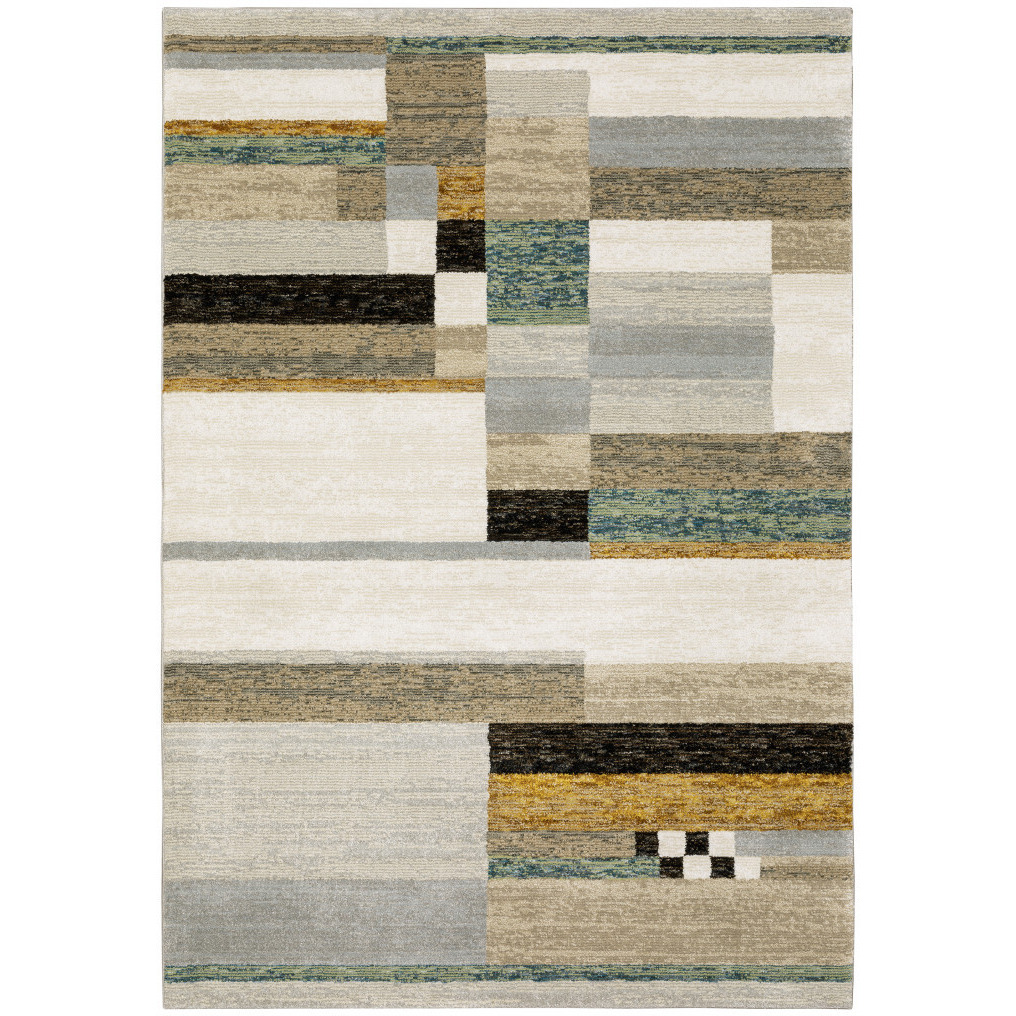 5 X 7 Beige gold Black grey Tan Teal And Rust geometric Power Loom Area Rug