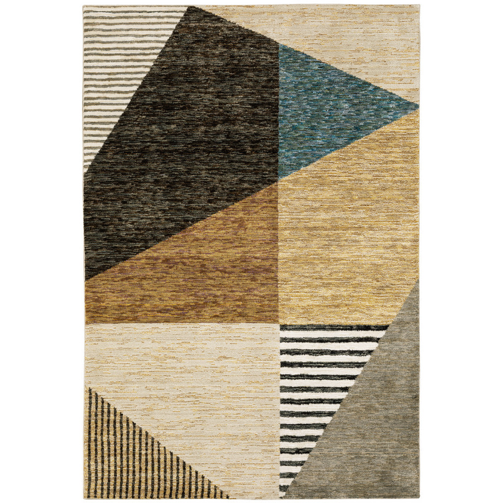 3 X 5 gold Brown Blue charcoal Rust And Beige geometric Power Loom Stain Resistant Area Rug