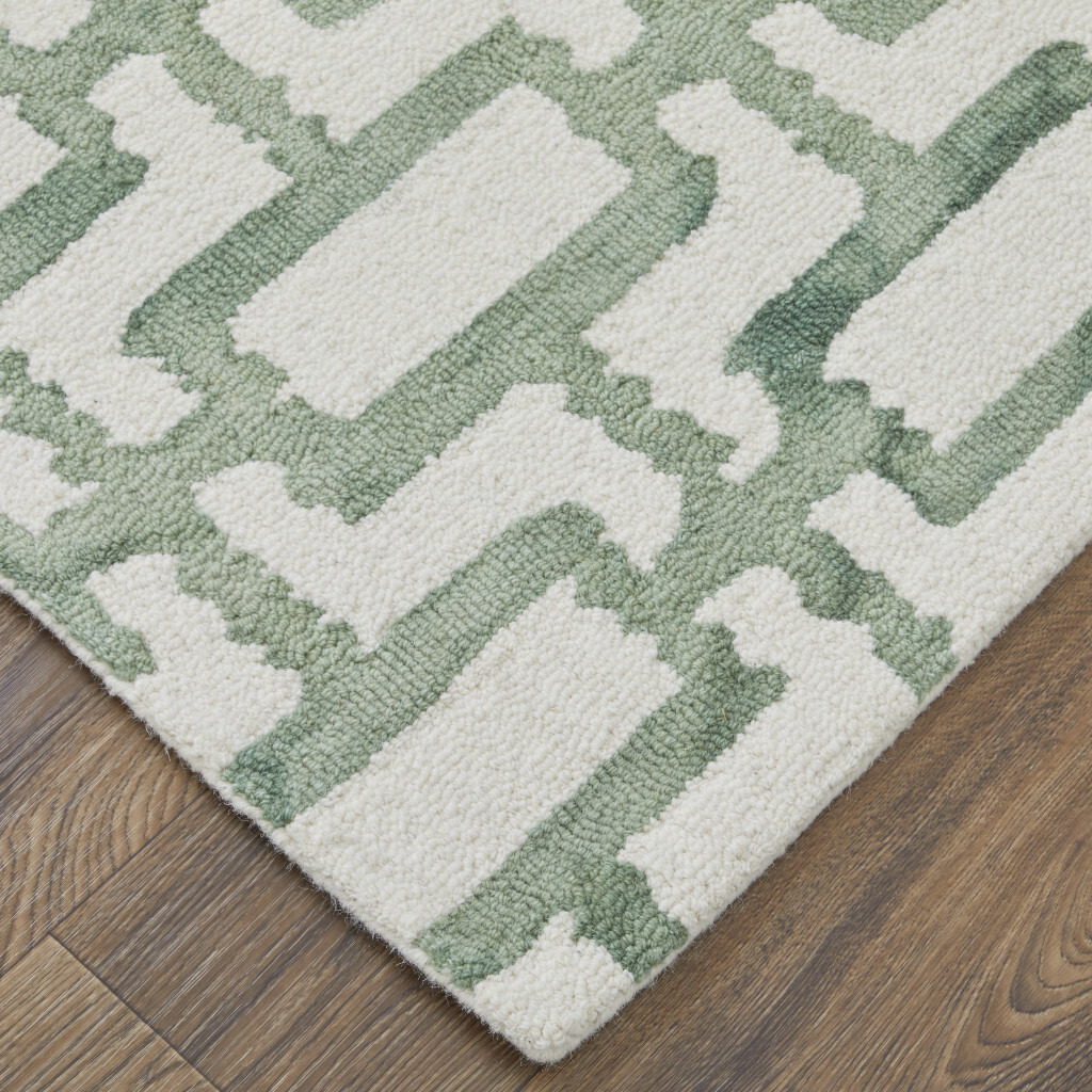 5 X 8 Ivory And green Wool geometric Tufted Handmade Area Rug