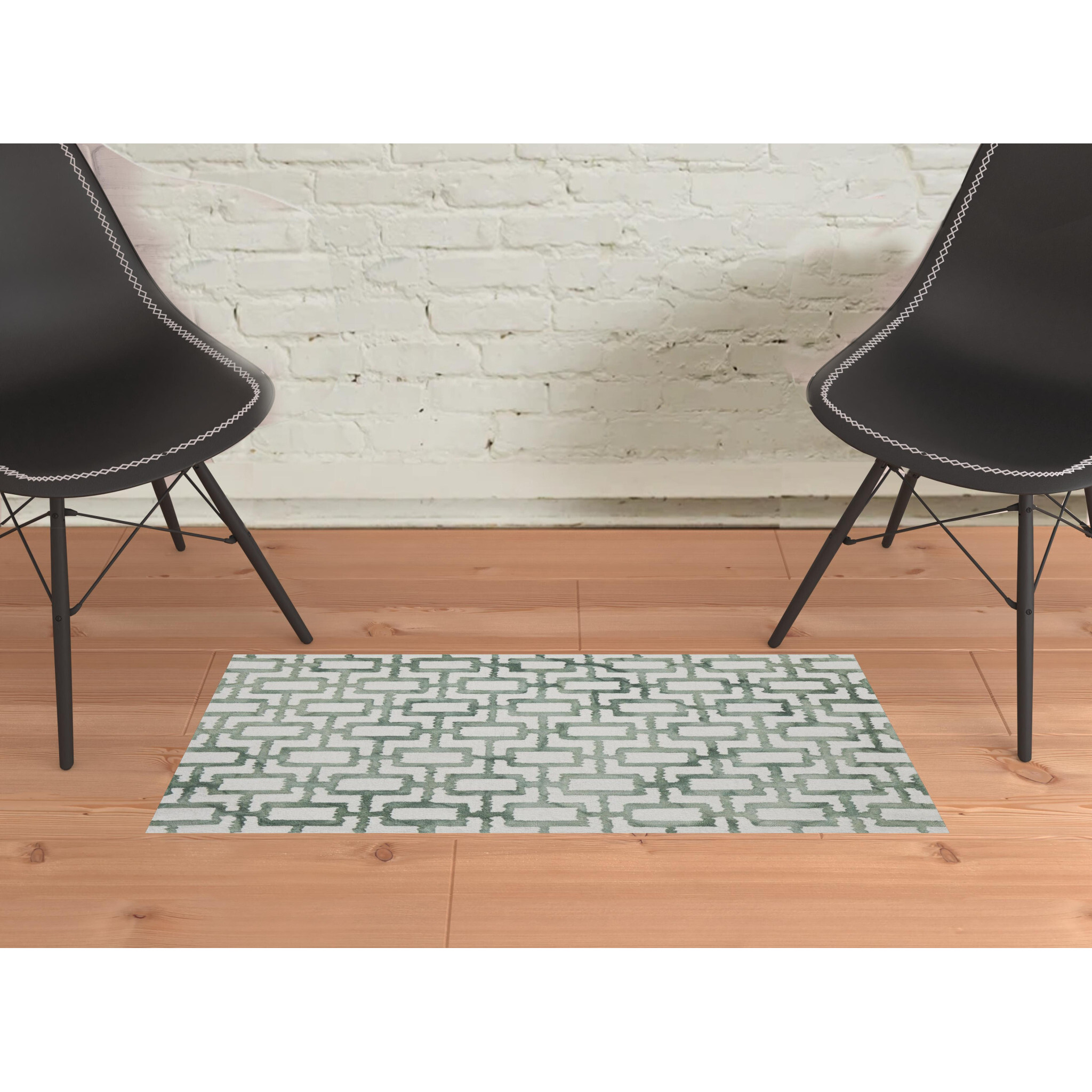 2 X 3 Ivory And green Wool geometric Tufted Handmade Area Rug