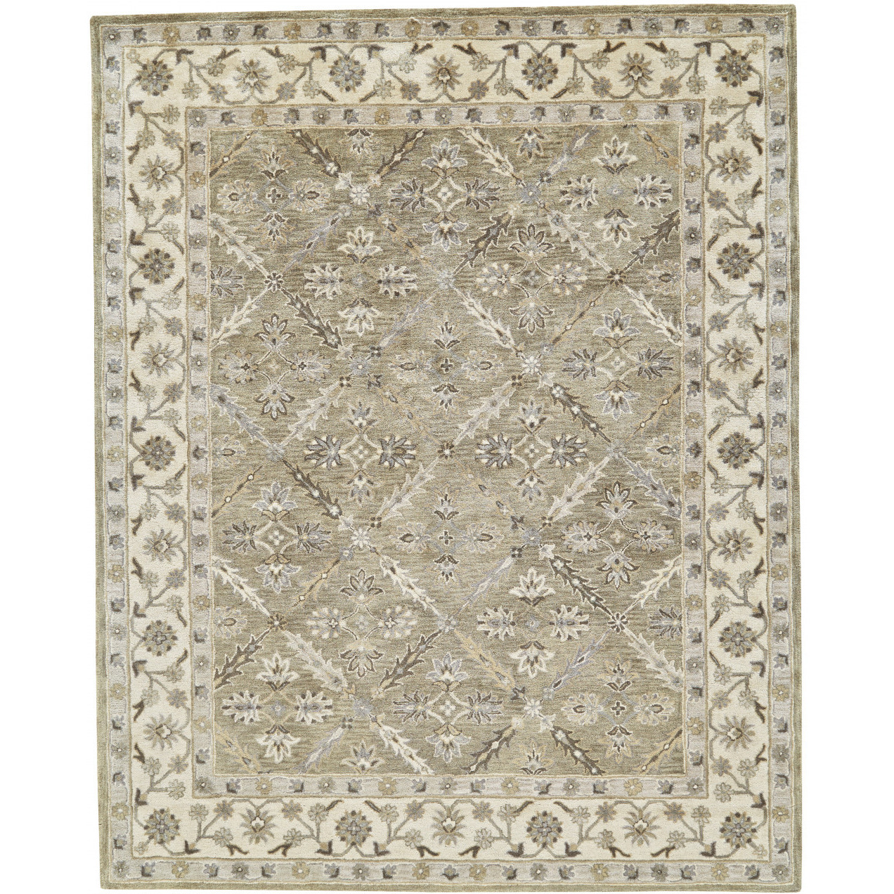 5 X 8 green Brown And Taupe Wool Paisley Tufted Handmade Stain Resistant Area Rug