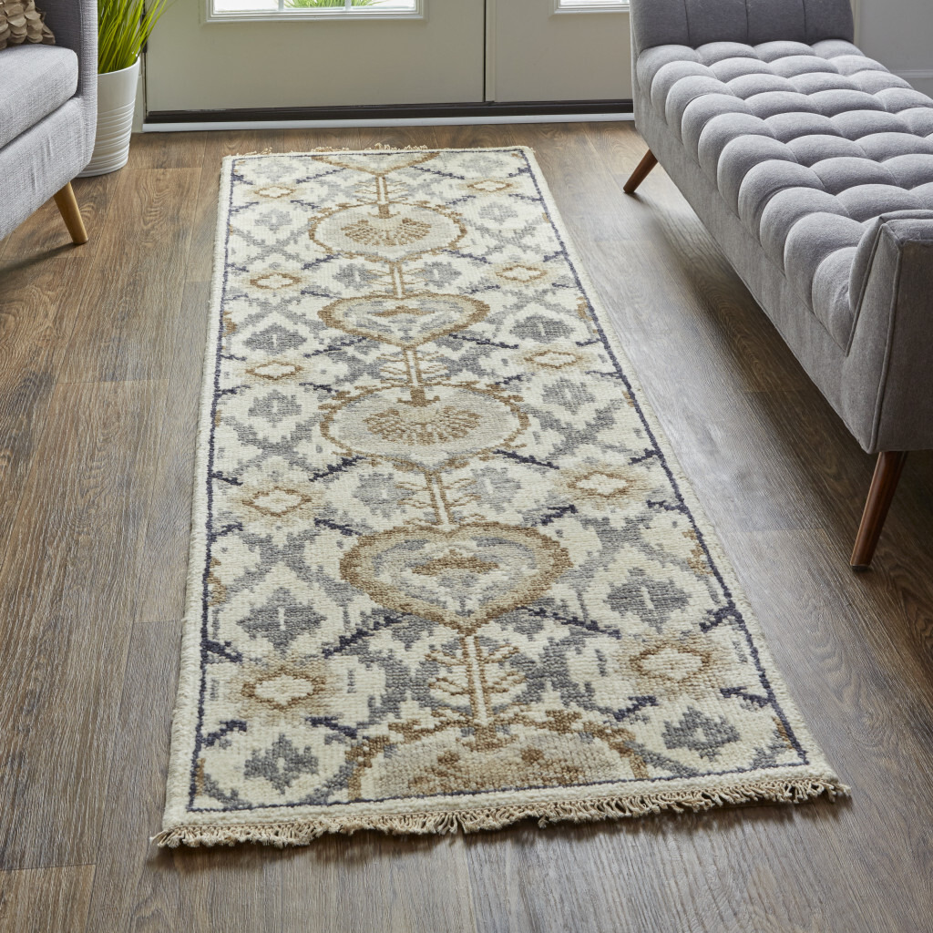 8 Ivory gray And Taupe Wool Floral Hand Knotted Stain Resistant Runner Rug