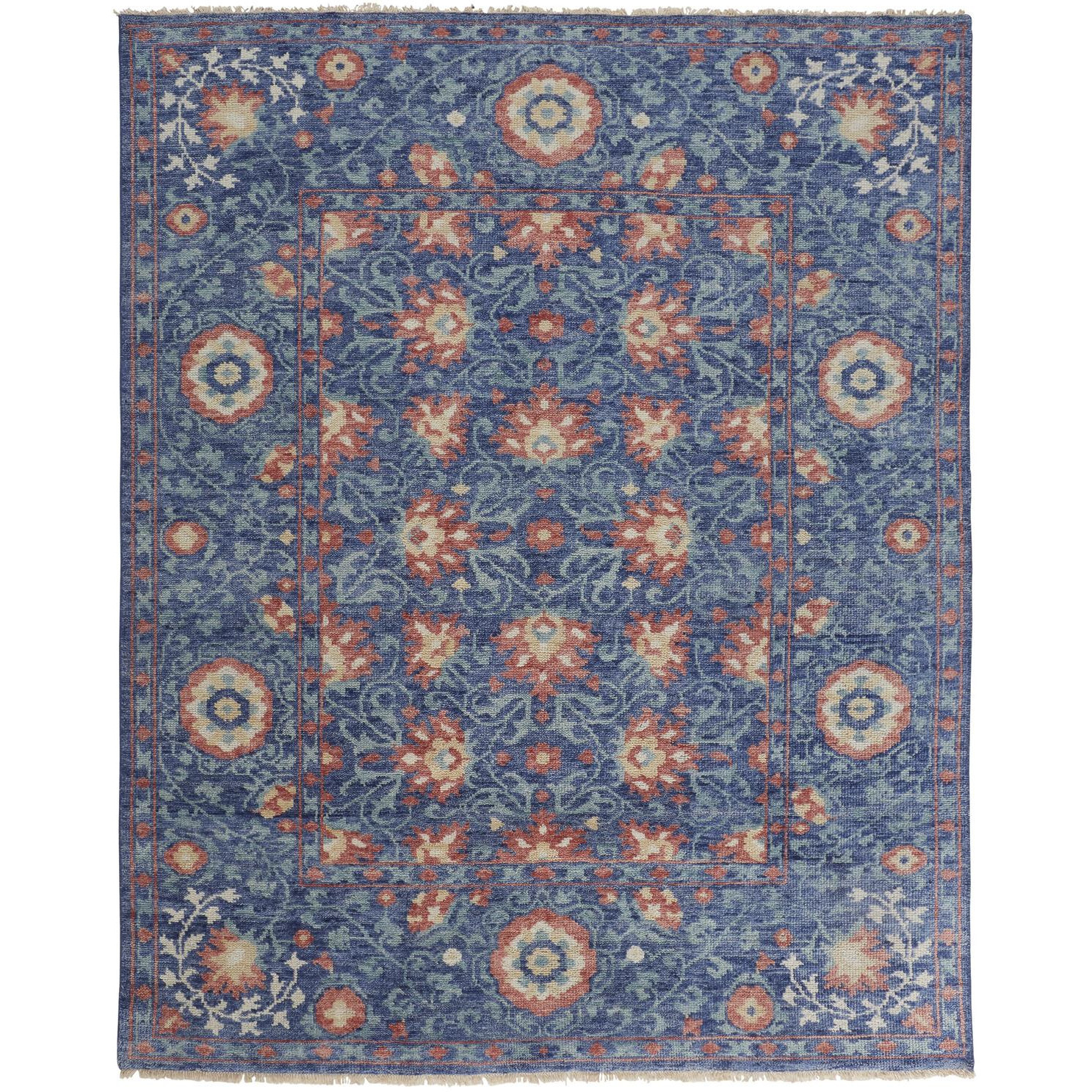 2 X 3 Blue And Red Wool Floral Hand Knotted Stain Resistant Area Rug