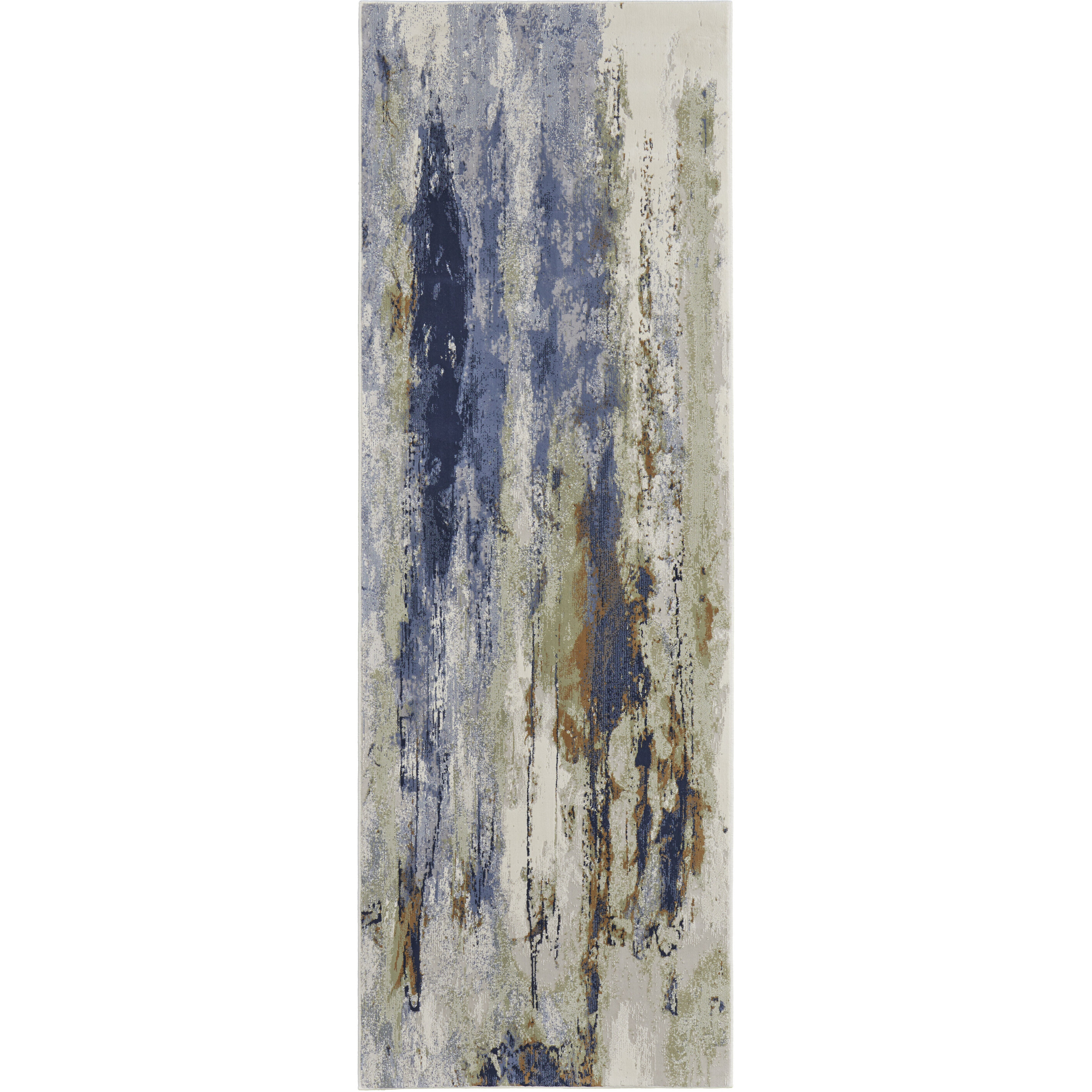 8 Blue Orange And Ivory Abstract Power Loom Runner Rug