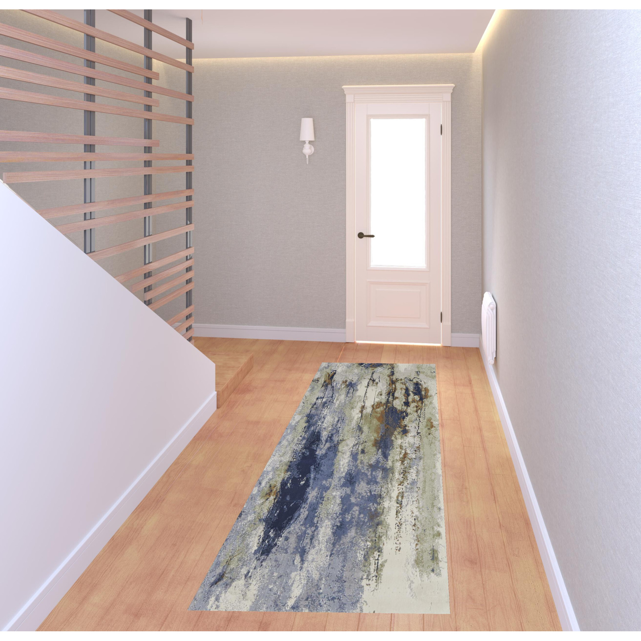 8 Blue Orange And Ivory Abstract Power Loom Runner Rug