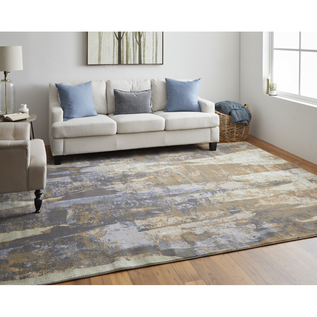 2 X 3 Brown Blue And Ivory Abstract Power Loom Distressed Area Rug
