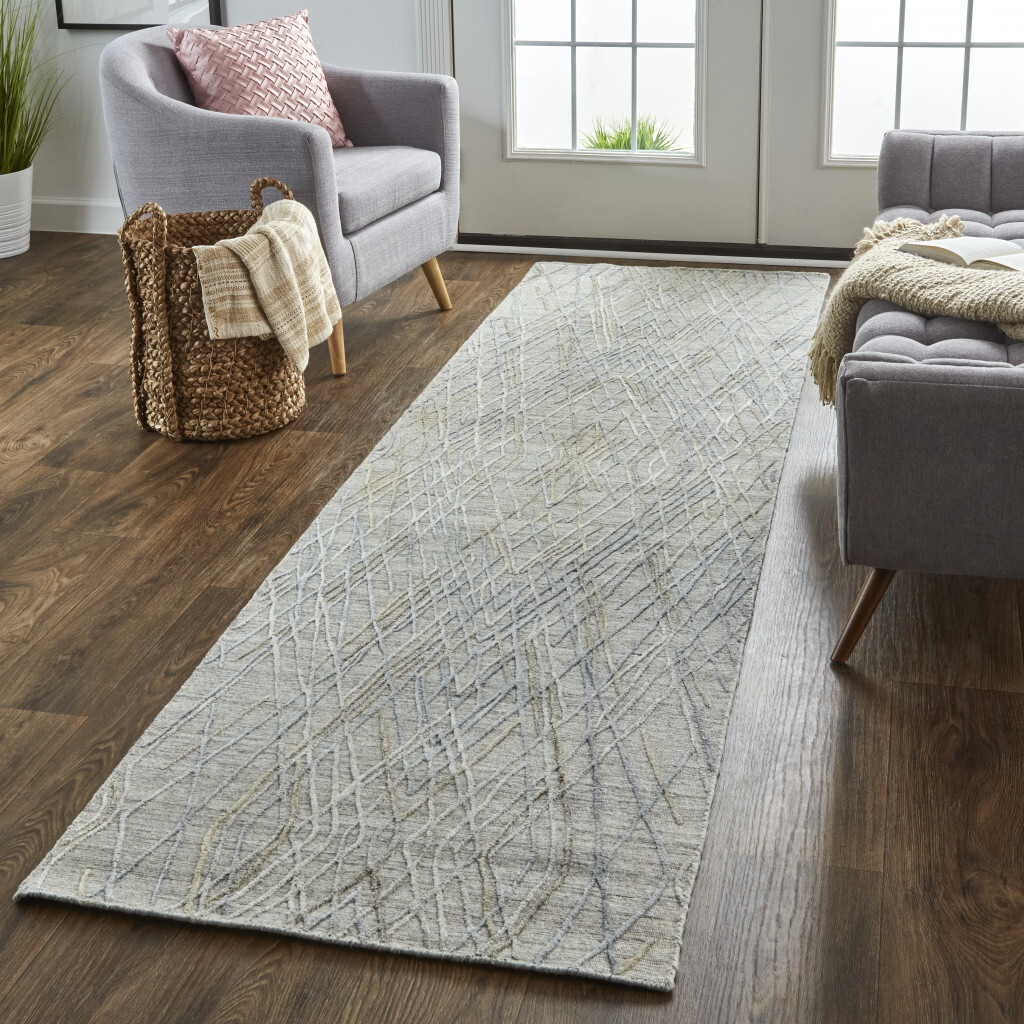 8 gray And Blue Abstract Hand Woven Runner Rug