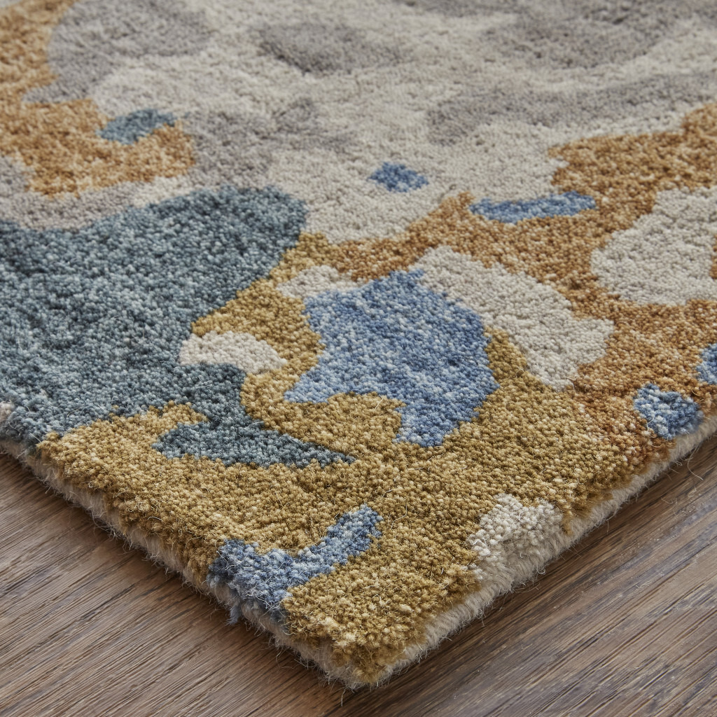8 X 10 gray Blue And gold Wool Abstract Tufted Handmade Stain Resistant Area Rug