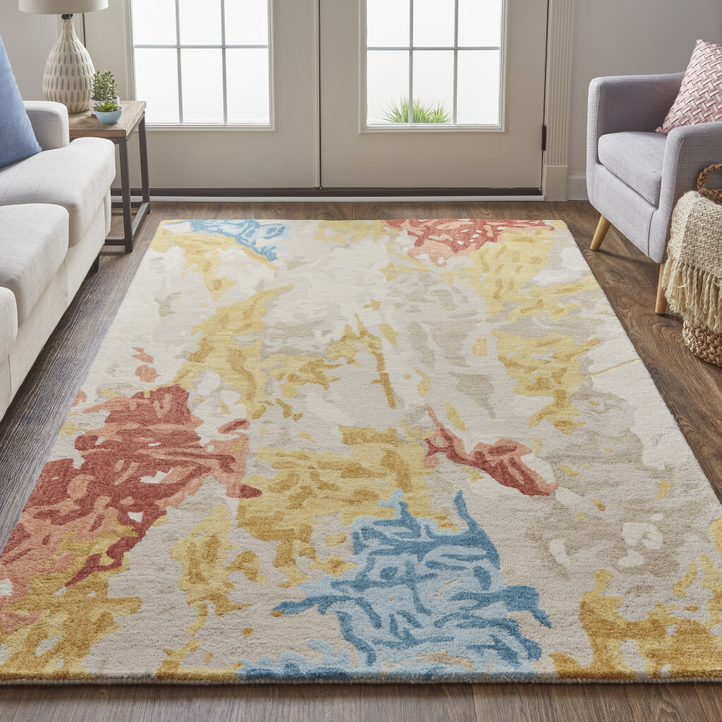 2 X 3 Ivory Yellow And Blue Wool Abstract Tufted Handmade Stain Resistant Area Rug