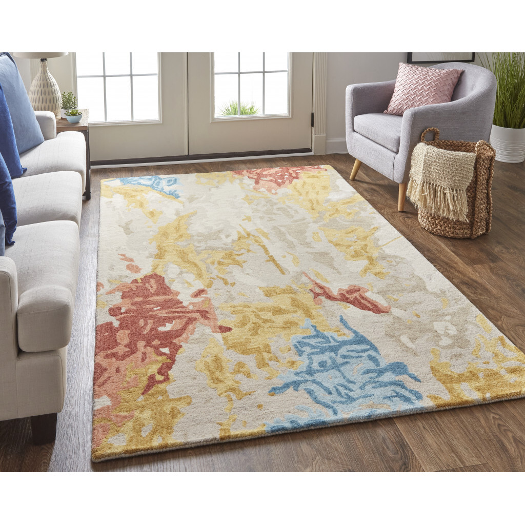 2 X 3 Ivory Yellow And Blue Wool Abstract Tufted Handmade Stain Resistant Area Rug
