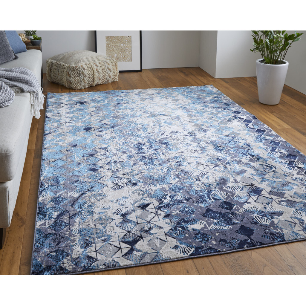 5 X 8 Blue Ivory And gray geometric Power Loom Distressed Area Rug