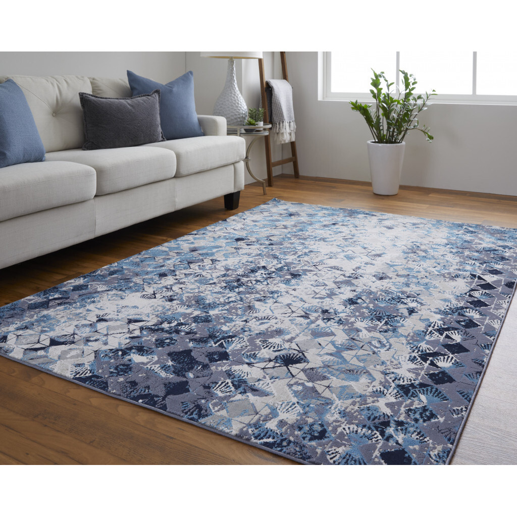 5 X 8 Blue Ivory And gray geometric Power Loom Distressed Area Rug