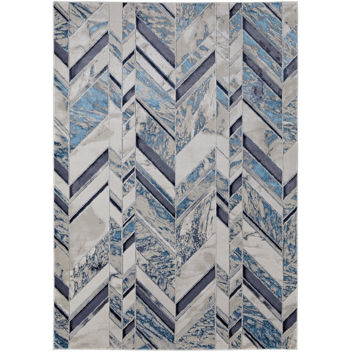 5 X 8 Ivory Blue And gray chevron Power Loom Distressed Area Rug