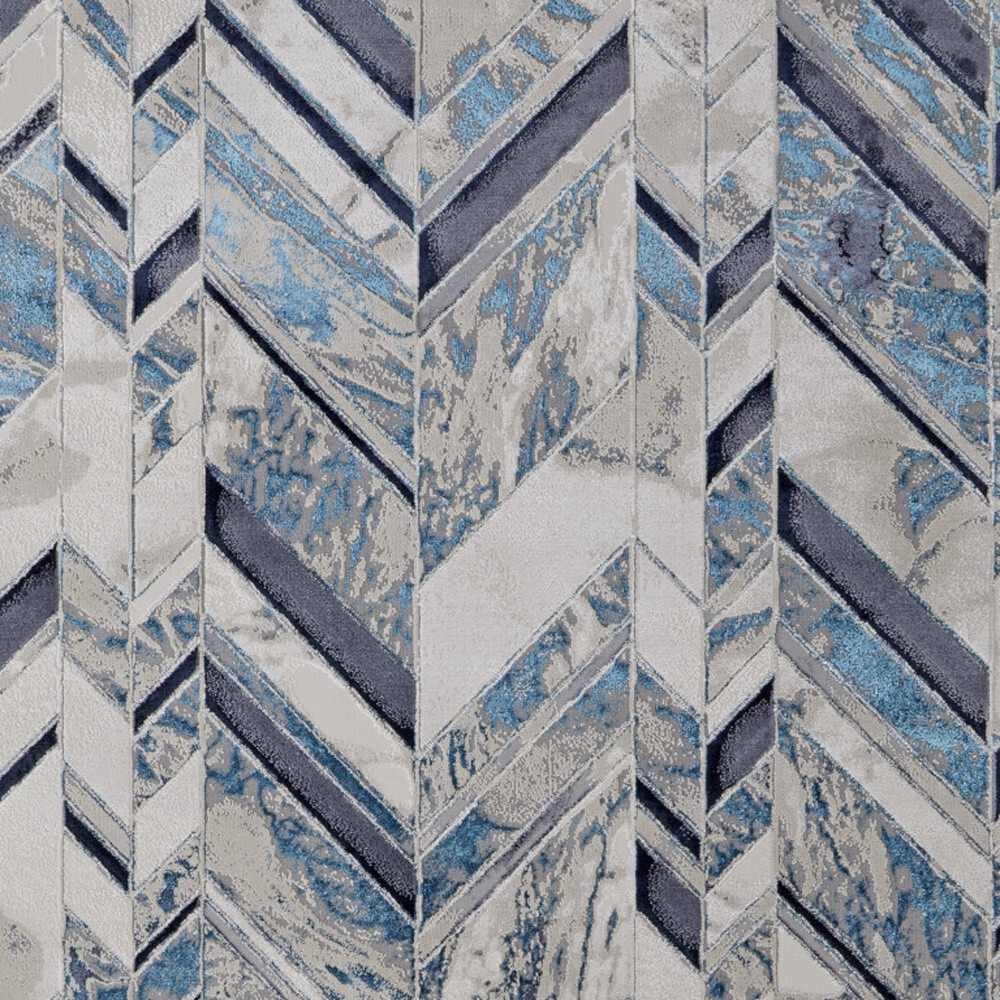 5 X 8 Ivory Blue And gray chevron Power Loom Distressed Area Rug
