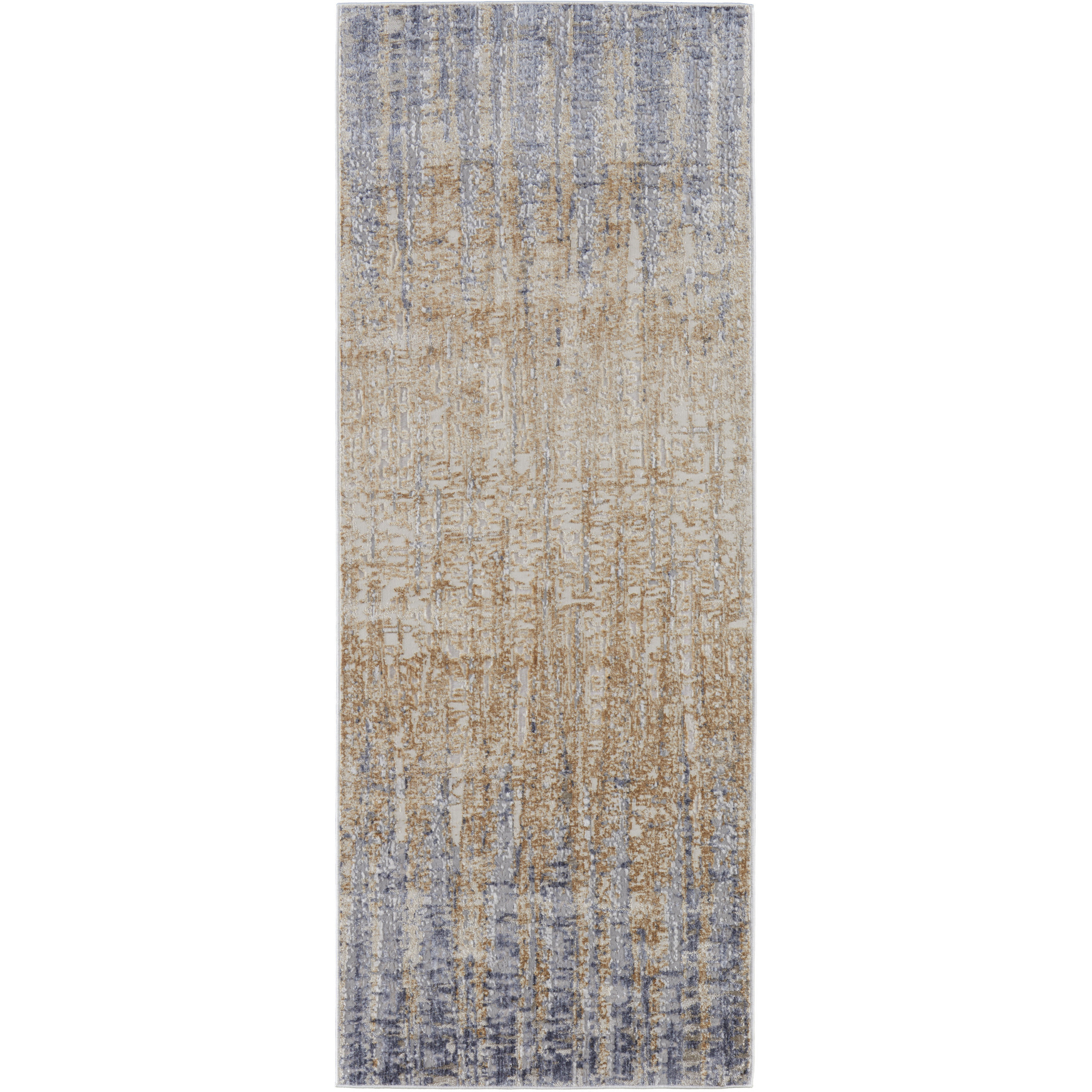 8 Tan Brown And Blue Abstract Power Loom Distressed Runner Rug