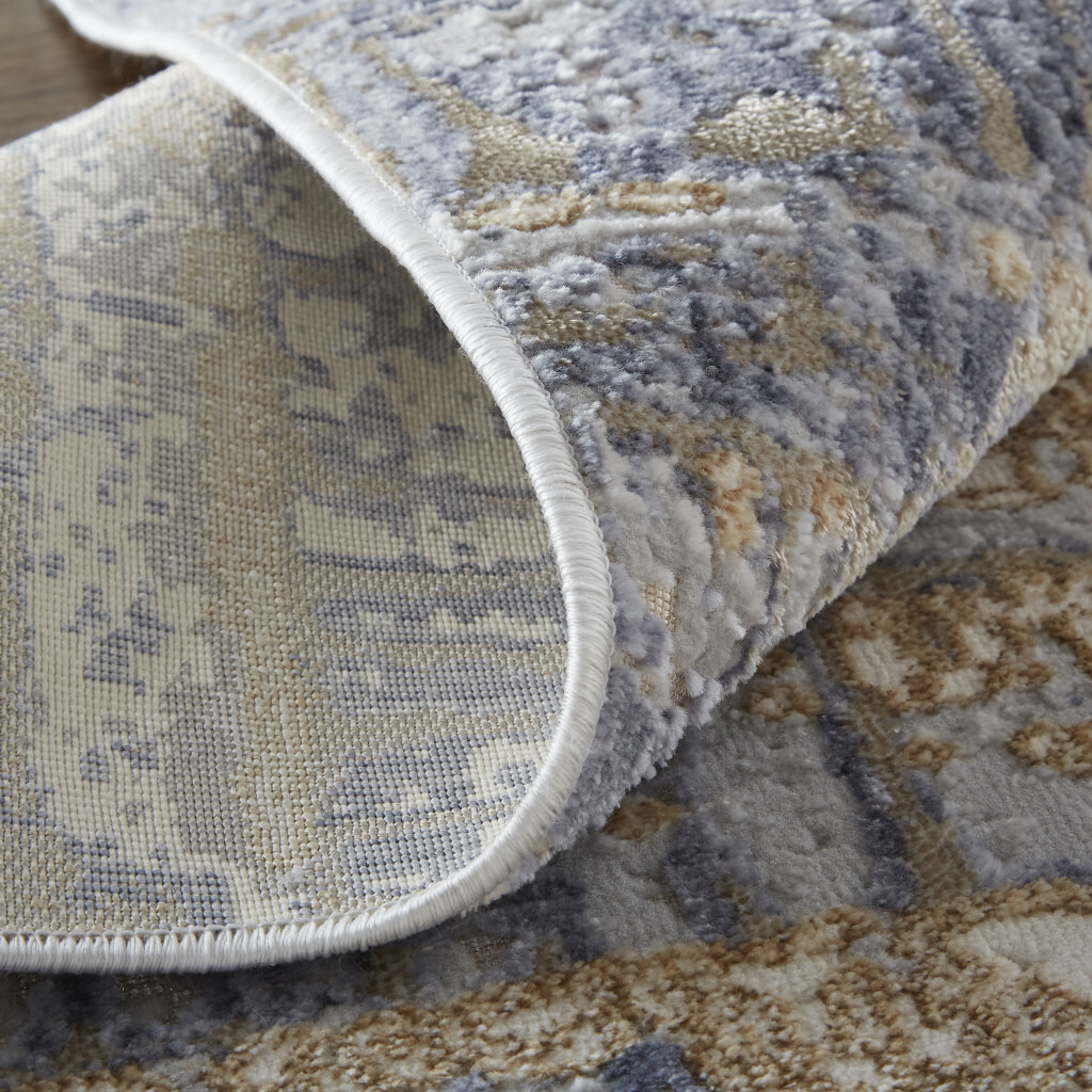 8 Tan Brown And Blue Abstract Power Loom Distressed Runner Rug