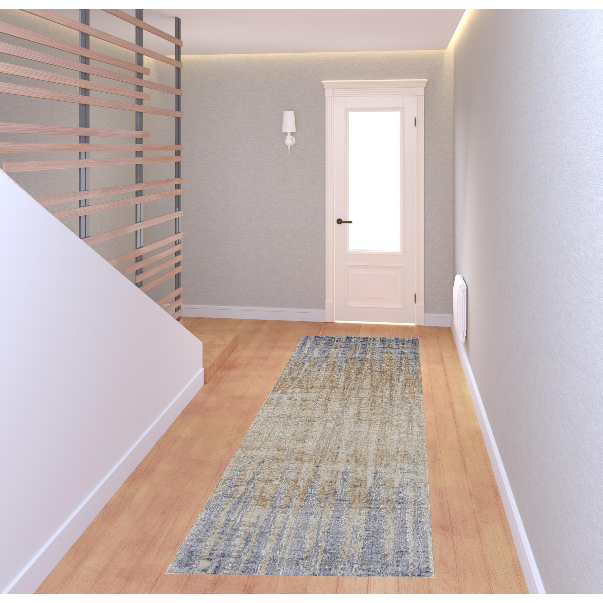 8 Tan Brown And Blue Abstract Power Loom Distressed Runner Rug
