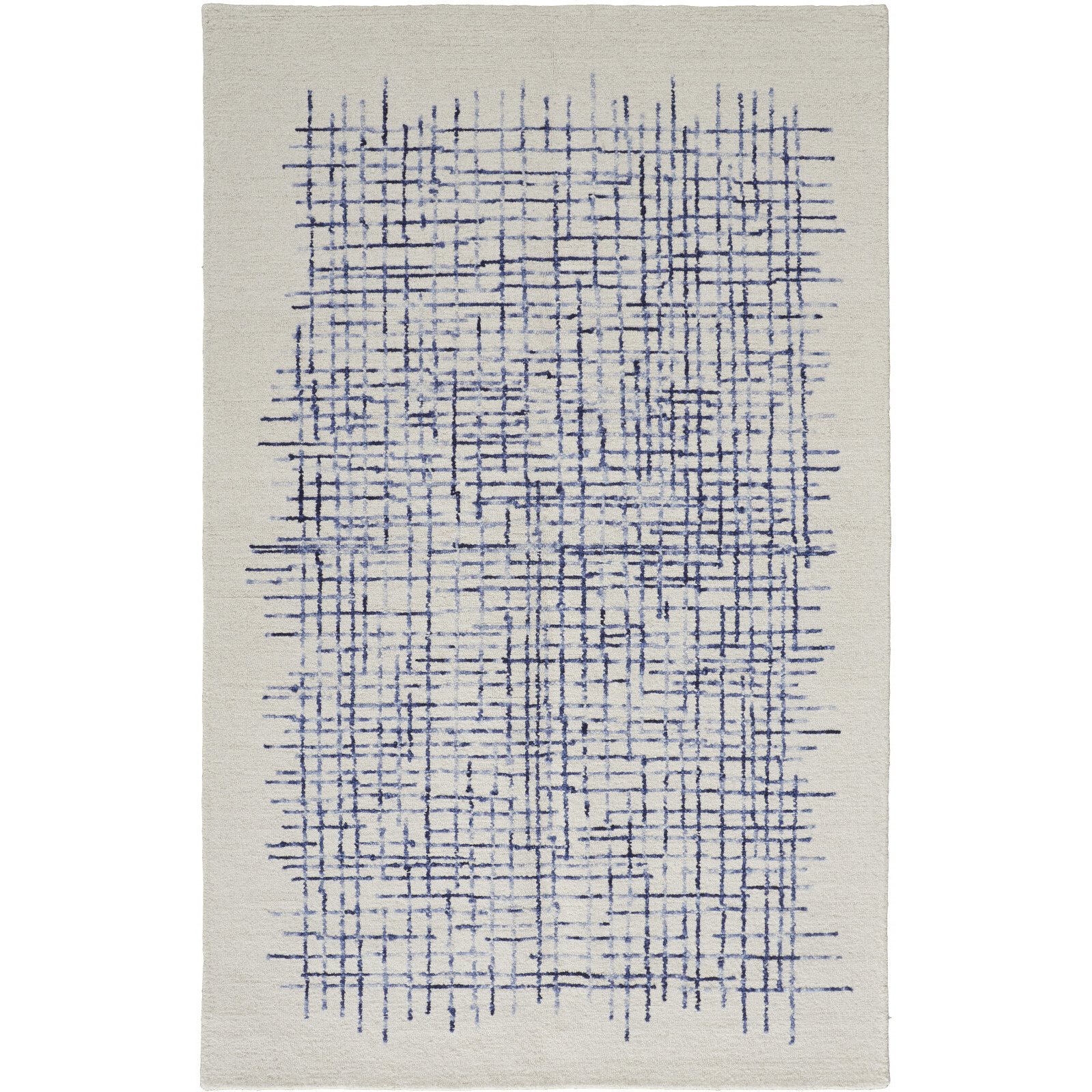 5 X 8 Ivory And Blue Wool Plaid Tufted Handmade Stain Resistant Area Rug