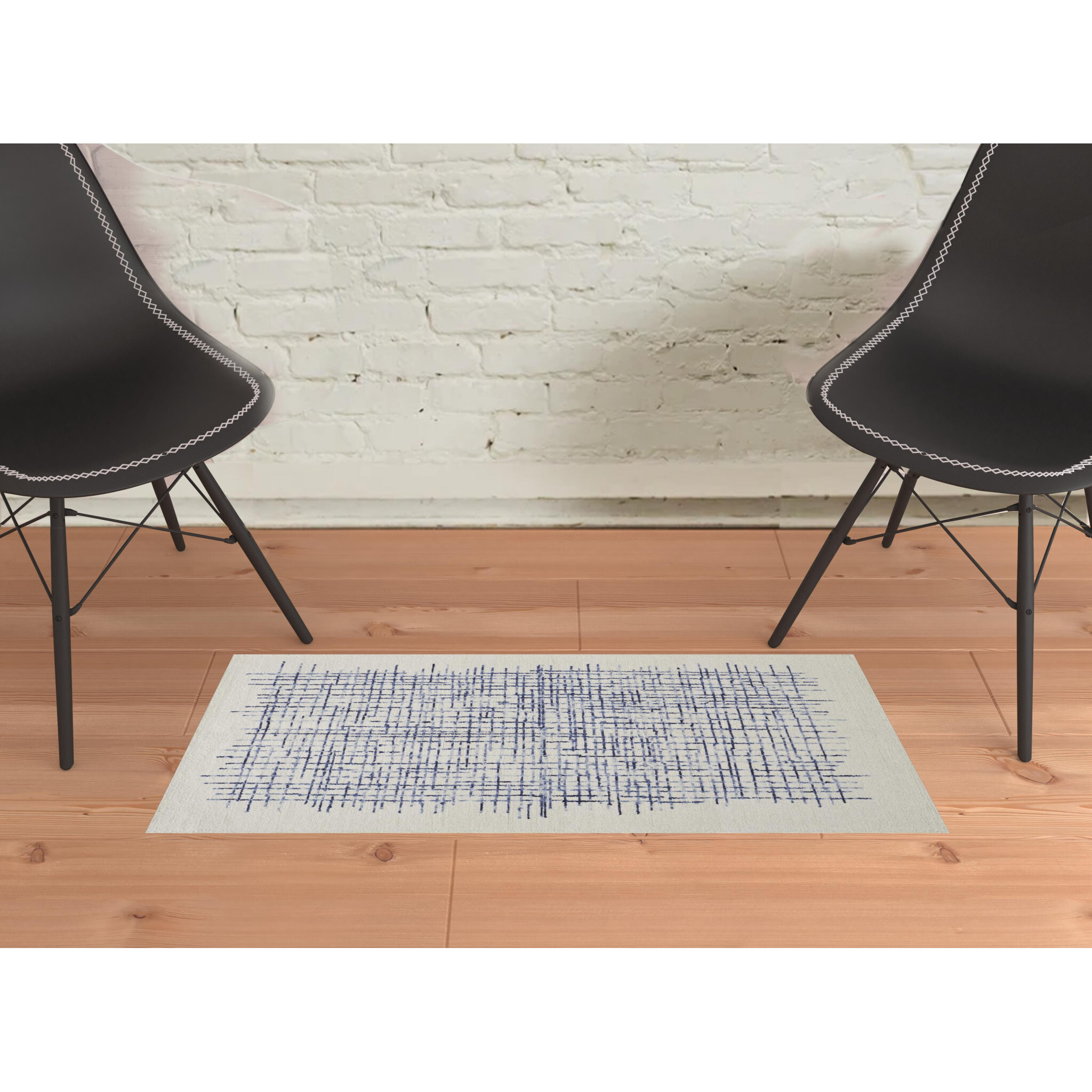 2 X 3 Ivory And Blue Wool Plaid Tufted Handmade Stain Resistant Area Rug