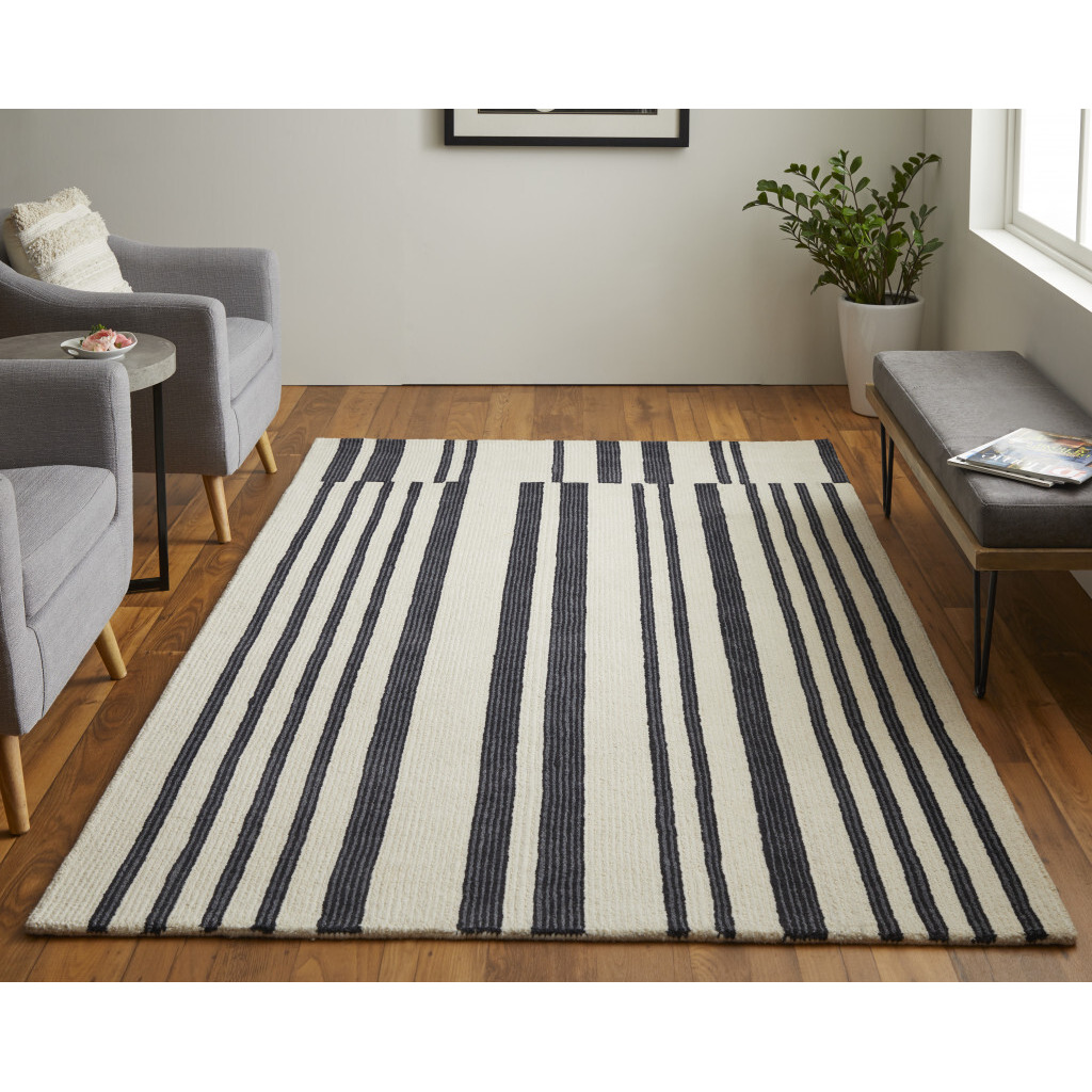 8 X 10 Ivory And Black Wool Abstract Tufted Handmade Area Rug