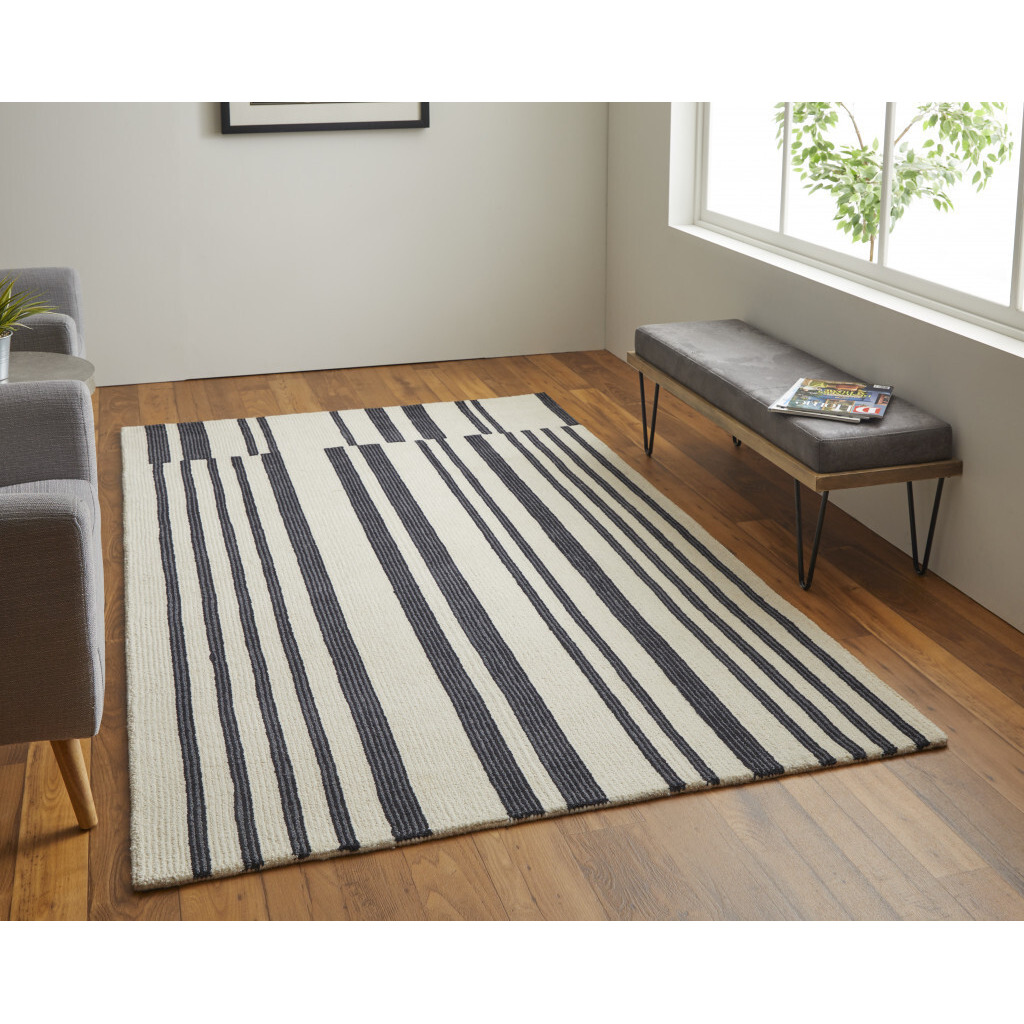 8 X 10 Ivory And Black Wool Abstract Tufted Handmade Area Rug