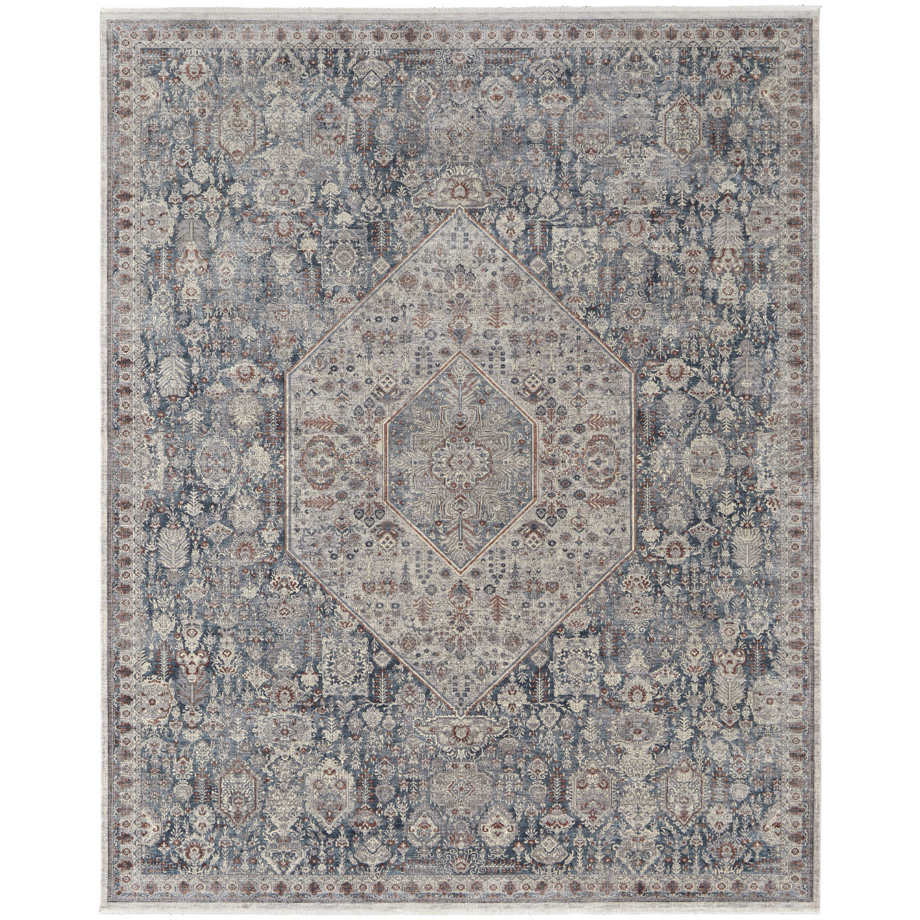 5 X 7 Blue And Ivory Floral Power Loom Stain Resistant Area Rug
