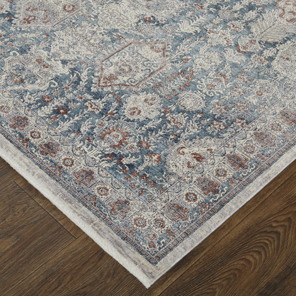 5 X 7 Blue And Ivory Floral Power Loom Stain Resistant Area Rug