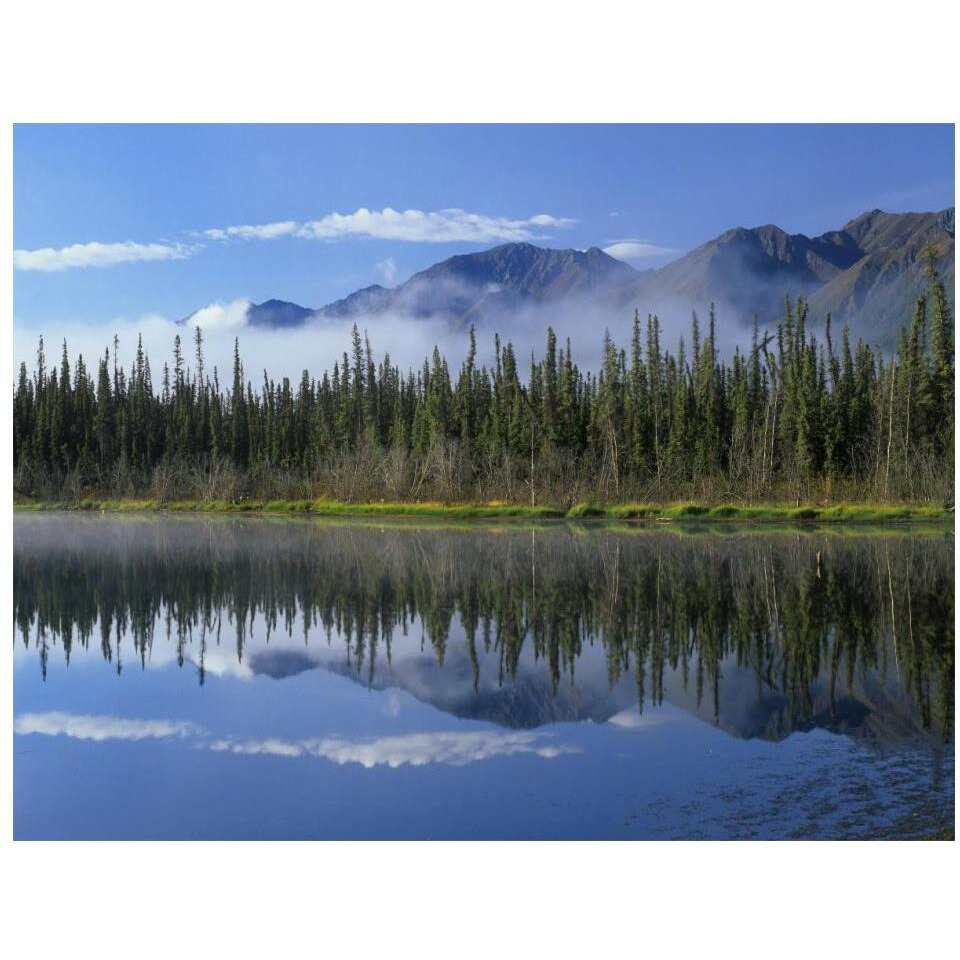 Lake reflecting mountain range and forest, Kluane National Park, Yukon, Canada-Paper Art-18&quotx14"
