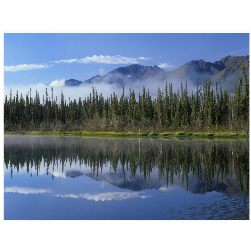 Lake reflecting mountain range and forest, Kluane National Park, Yukon, Canada-Paper Art-34&quotx26"