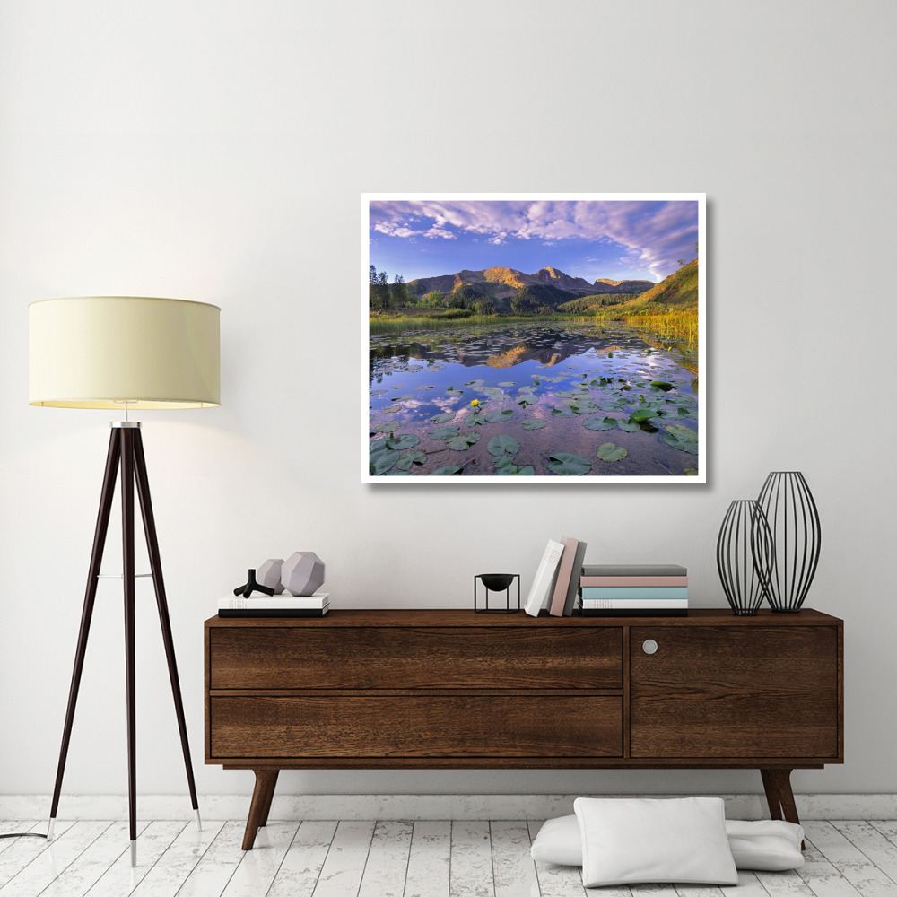 Lily Pads and reflection of Snowdon Peak in pond, west Needle Mountains, Colorado-Paper Art-46&quotx38.96"